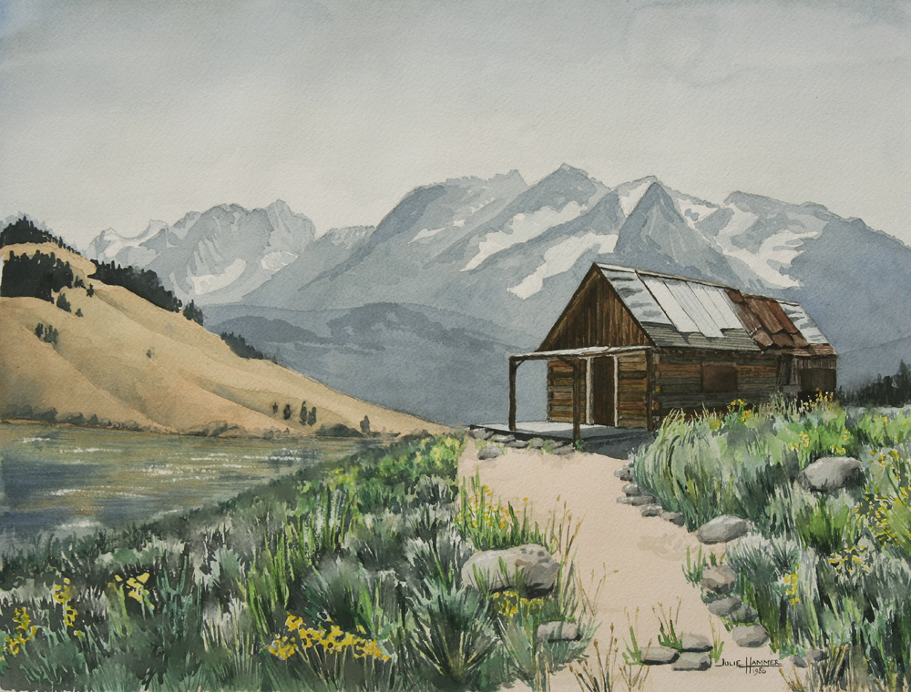Cabin in Mountains watercolor painting by Julie Hammer, artist
