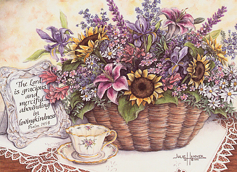 Flowers with Teacup watercolor painting by Julie Hammer, artist
