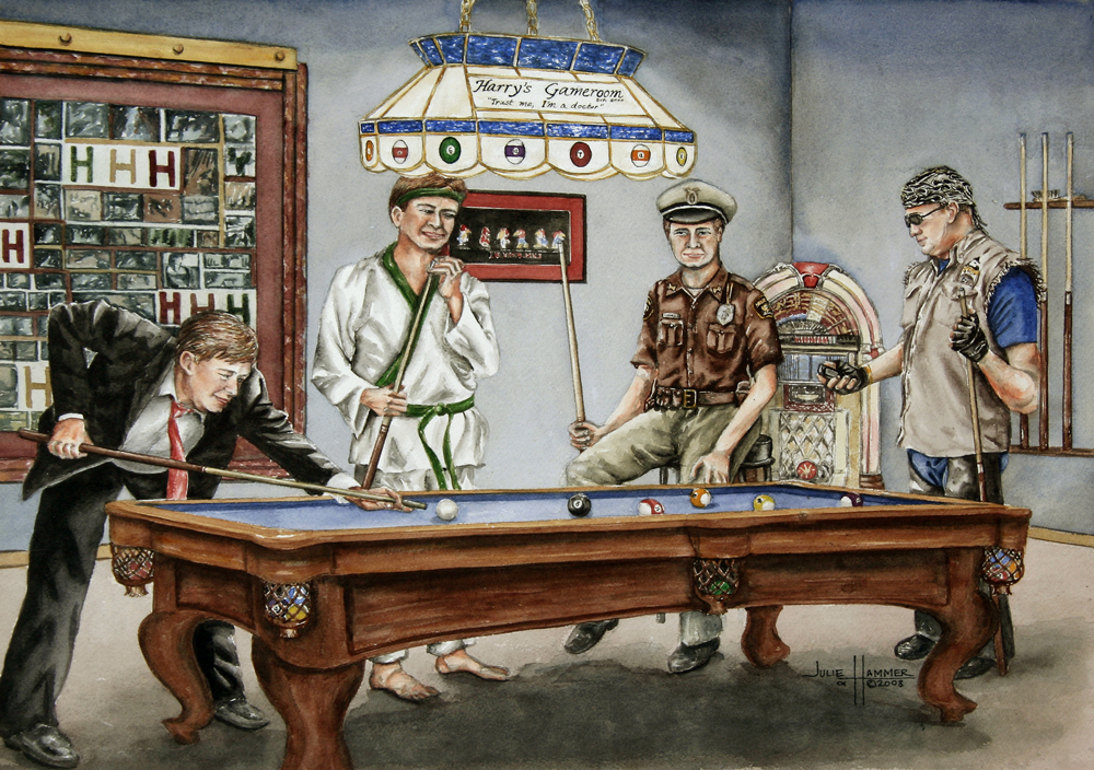 Harry's Pool Room watercolor painting by Julie Hammer, artist