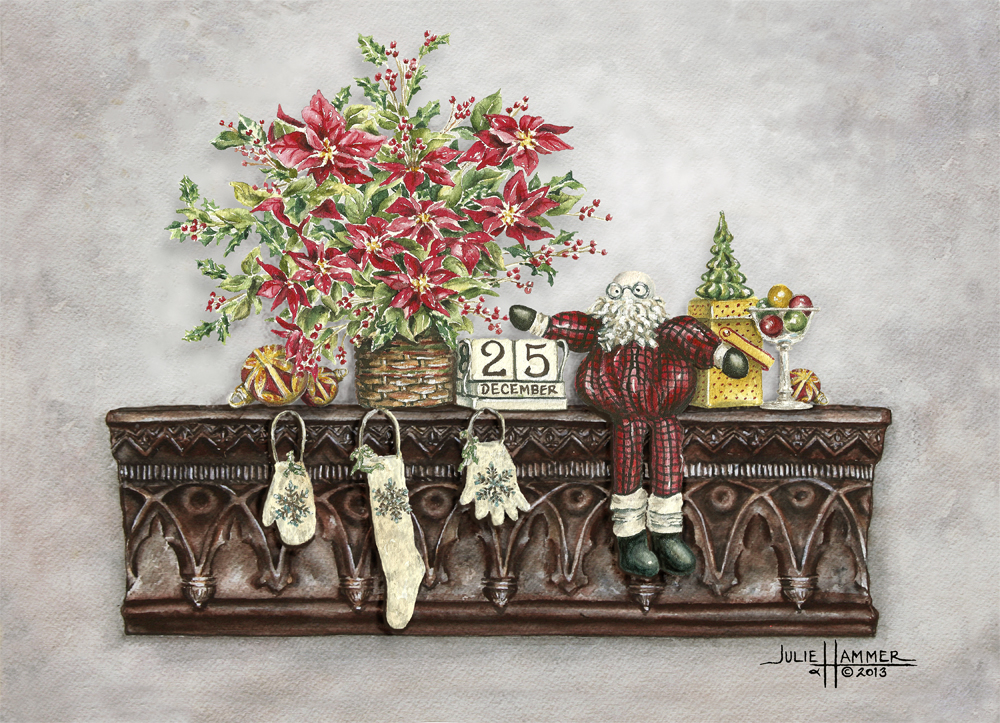 Holiday Santa watercolor painting by Julie Hammer, artist