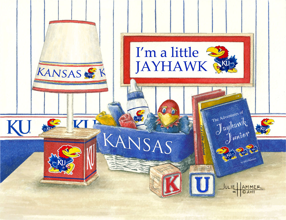 KU Little Jayhawk watercolor painting by Julie Hammer, artist