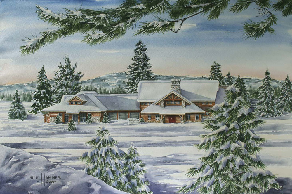 Northfork Lodge watercolor painting by Julie Hammer, artist