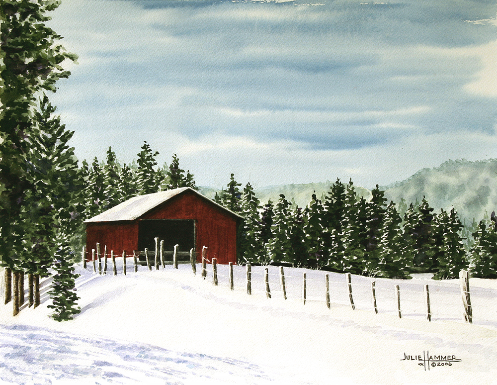 Red Barn in Winter watercolor painting by Julie Hammer, artist