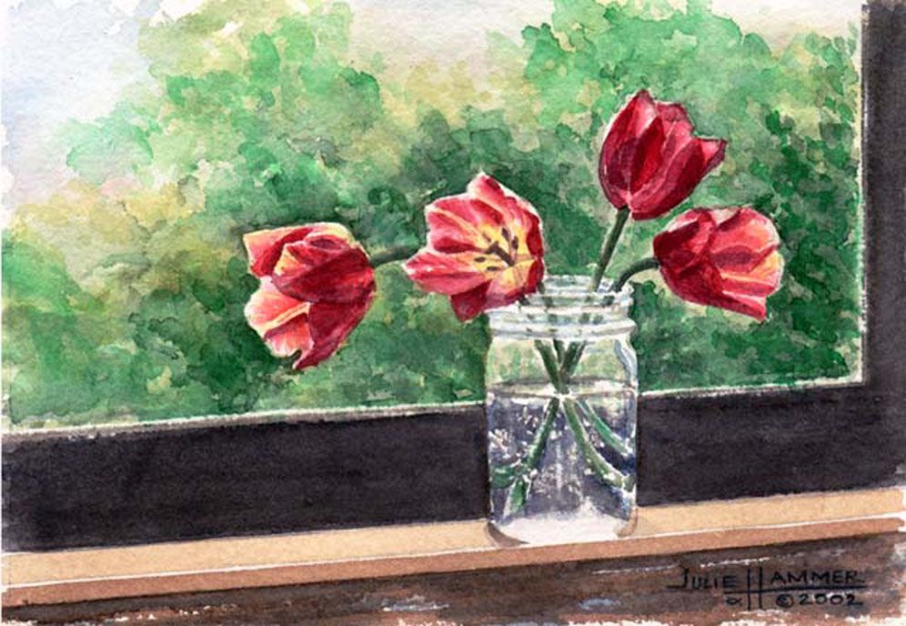 Red Tulips on Window Sill watercolor painting by Julie Hammer, artist