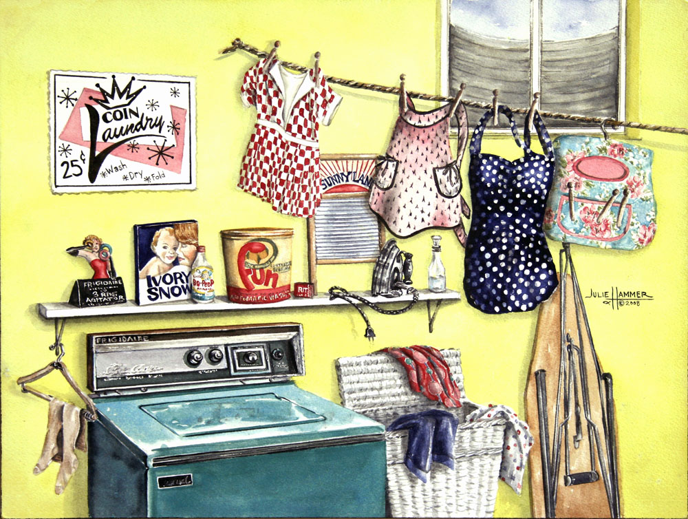 Retro Laundry Room watercolor painting by Julie Hammer, artist