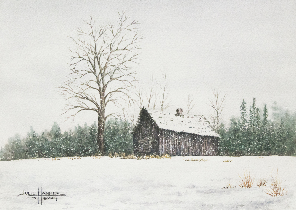 Snowy Cabin watercolor painting by Julie Hammer, artist