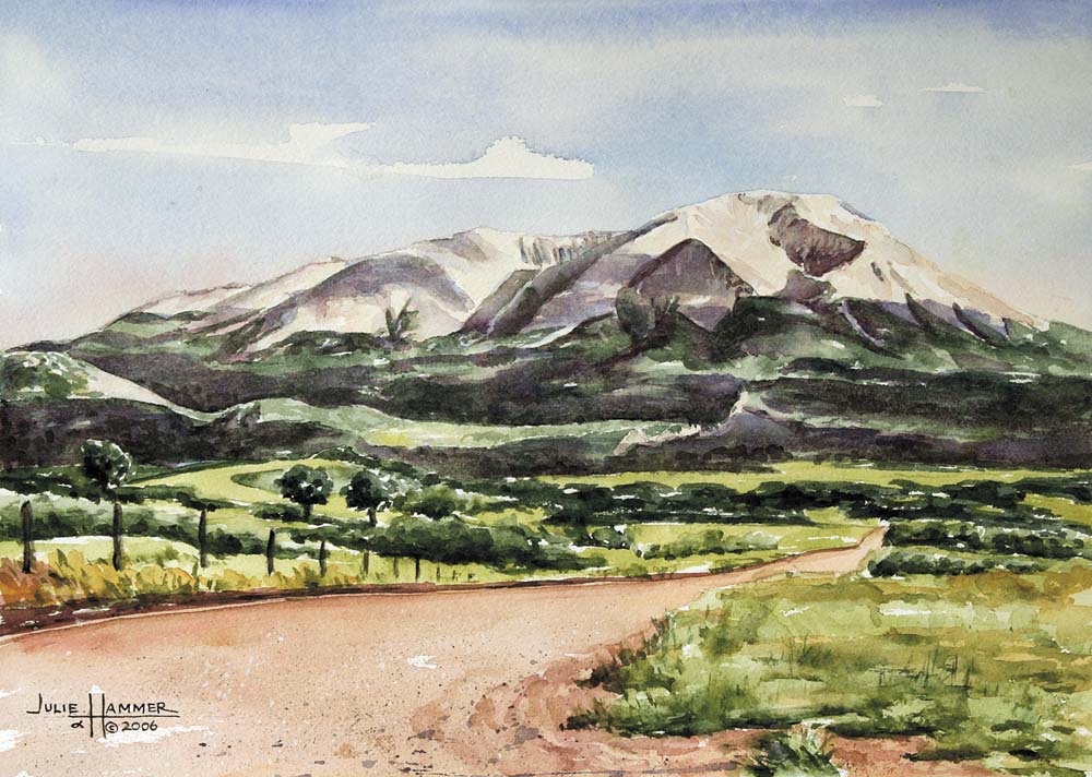 Spanish Peaks watercolor painting by Julie Hammer, artist