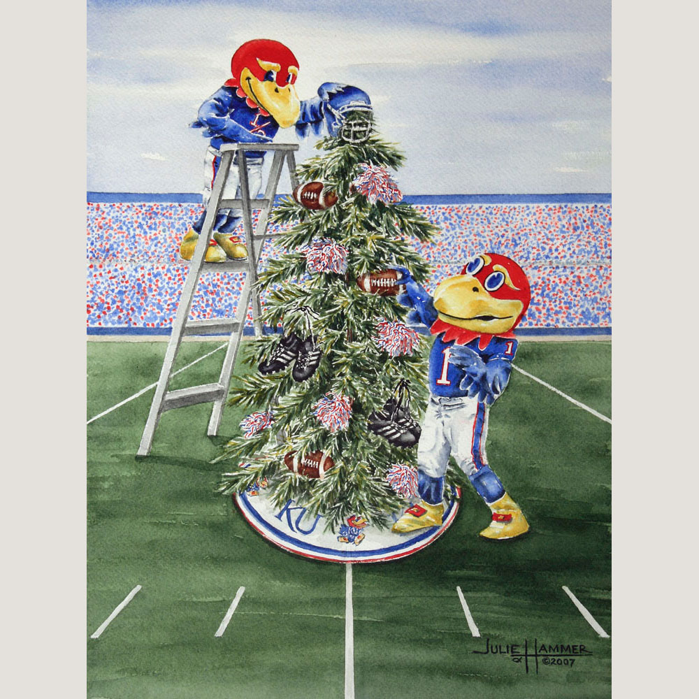 KU Jayhawk Football Tree watercolor painting by Julie Hammer, artist