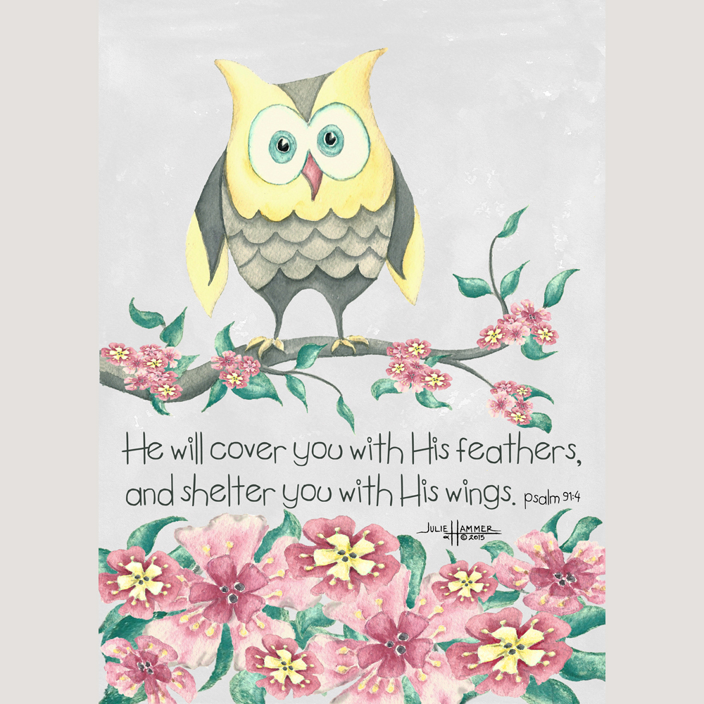 Owl with Blossoms watercolor painting by Julie Hammer, artist