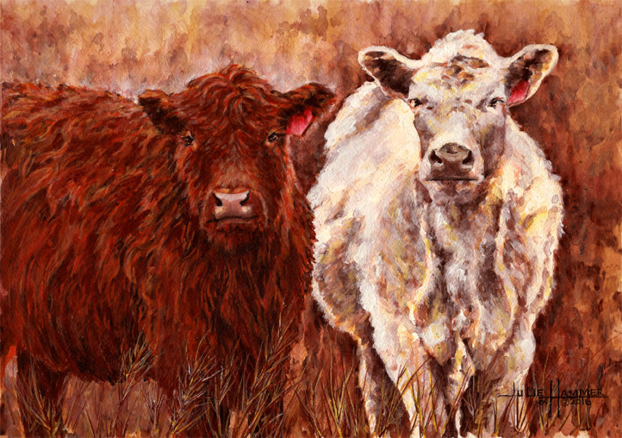 Two Cows acrylic painting by Julie Hammer, artist