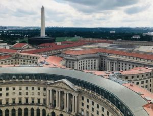 View of Washington Monument from the top of the Old Post Office Building, Washington, DC.