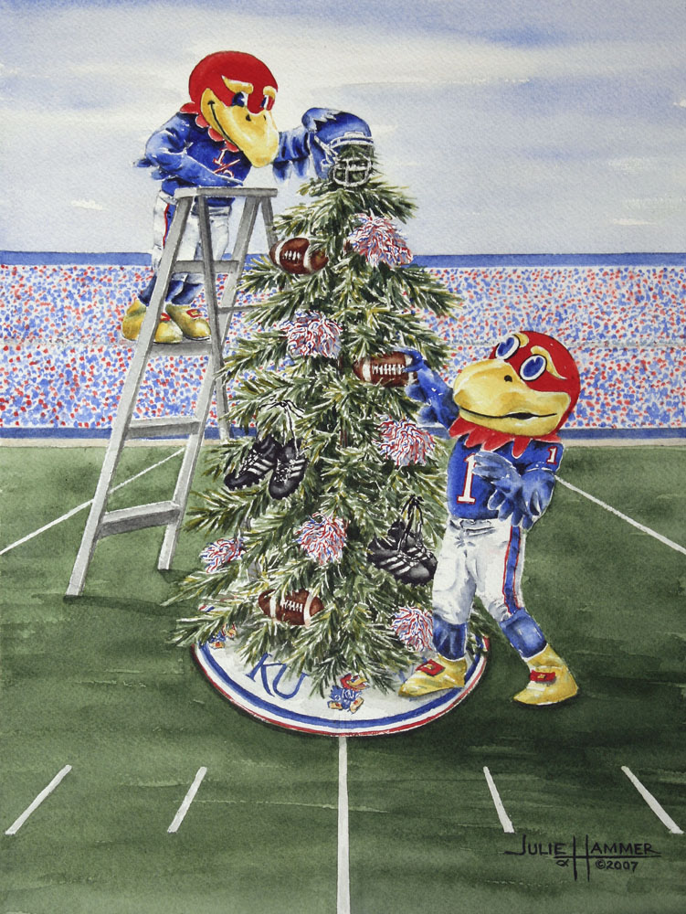 KU Jayhawk Football Christmas Tree watercolor painting by Julie Hammer, artist