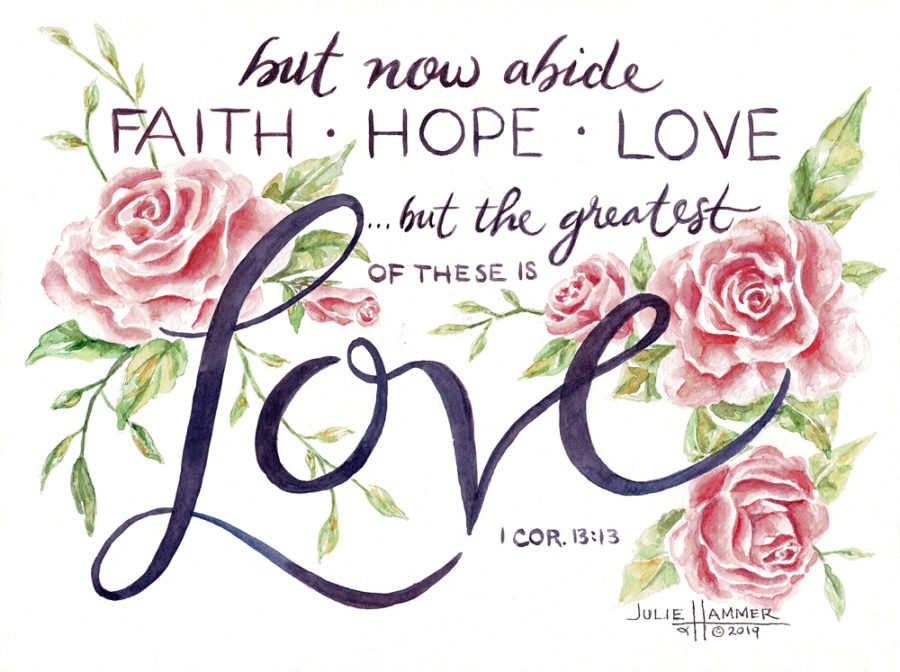 Faith Hope Love watercolor painting by Julie Hammer, artist