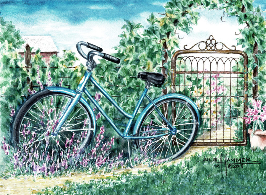 Retro Bike watercolor painting by Julie Hammer, artist