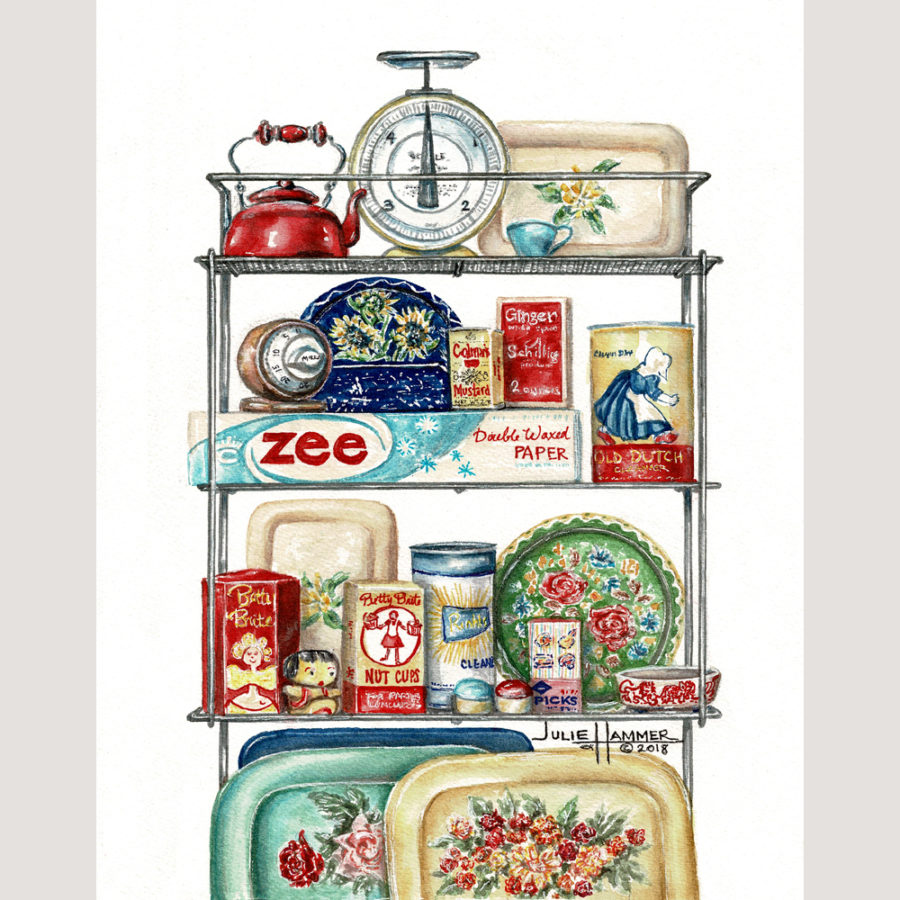 Retro Kitchen Shelf watercolor painting by Julie Hammer, artist