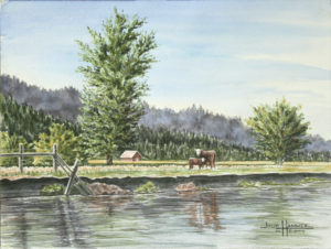 Cows at River Bank watercolor painting by Julie Hammer, artist